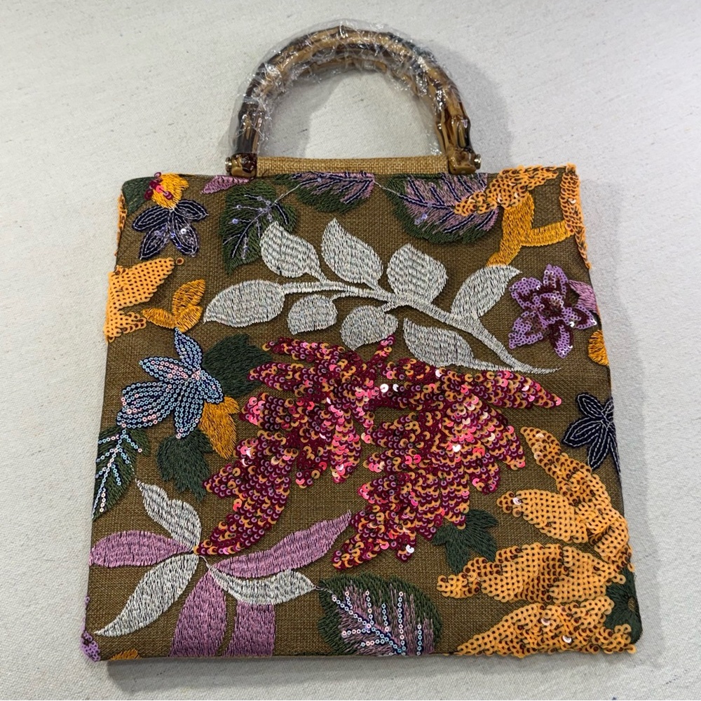 Embroidered Sequin Floral Handbag Bamboo Handle Boho Bag